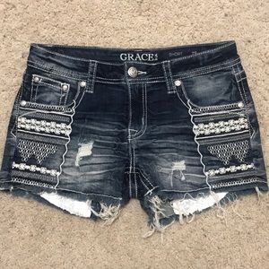 Grace in LA Frayed and Lace Pocket Denim Shorts